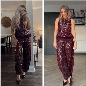 Zara Set Sequin Barrel Pants & Top With Faux Fur Hem NWT